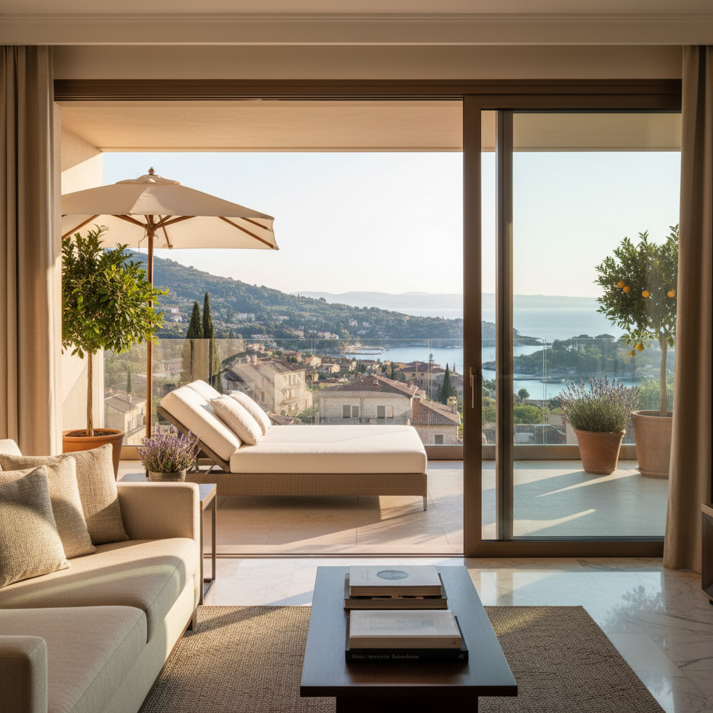 Luxury hotel suite opening onto a private terrace with destination view