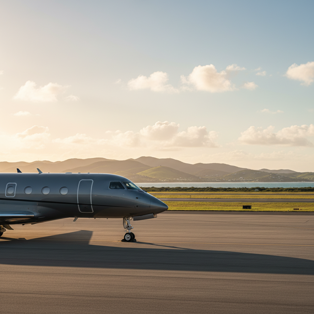 Private aircraft interior, warm light, no people